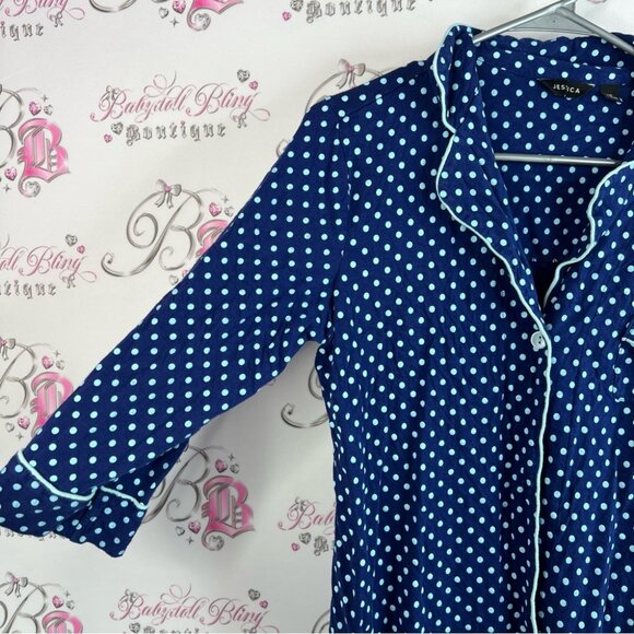 Jessica long top mini dress button down light blue and navy Blue Polka Dot Shirt - Picture 6 of 11
